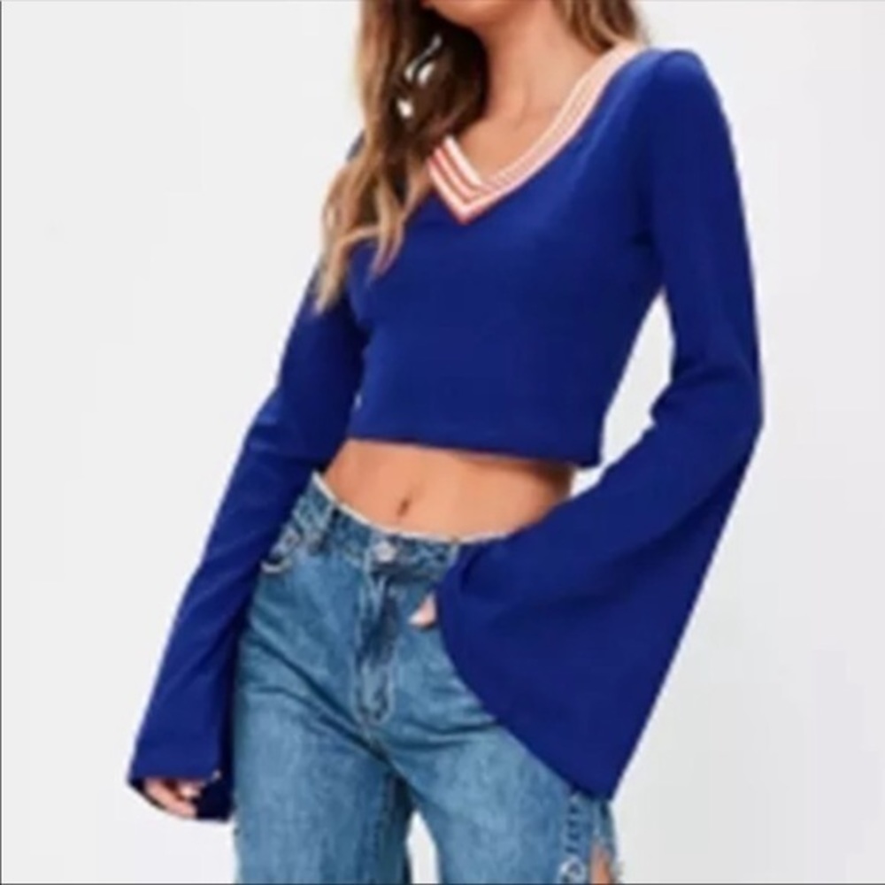 Varsity like cropped bell sleeve top